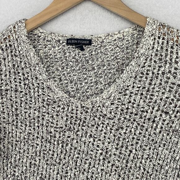 EILEEN FISHER Sweater S Cotton Marled Crochet Top V-Neck Pullover Black White - Picture 4 of 11
